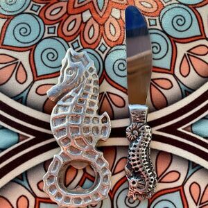 PEWTER Seahorse bottle opener and cheese knife.